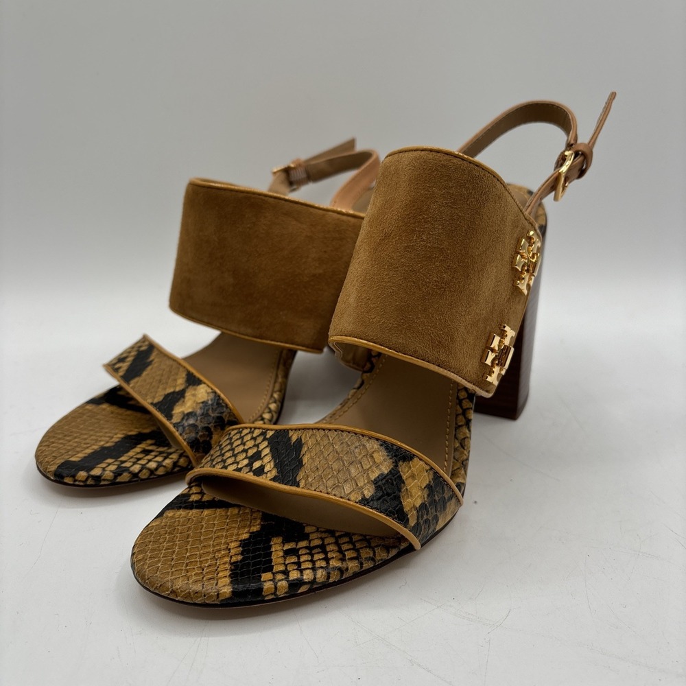 Tory Burch Kira Heeled Sandals Women's 7 Brown Snake Print Suede Leather